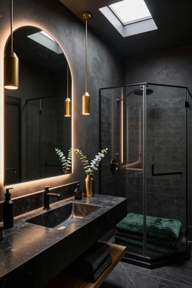 Modern dark bathroom with slim gold conical pendant lights hanging over a black marble vanity, arched mirror with LED edge lighting, glass shower enclosure with black tiles, and eucalyptus in a gold vase.