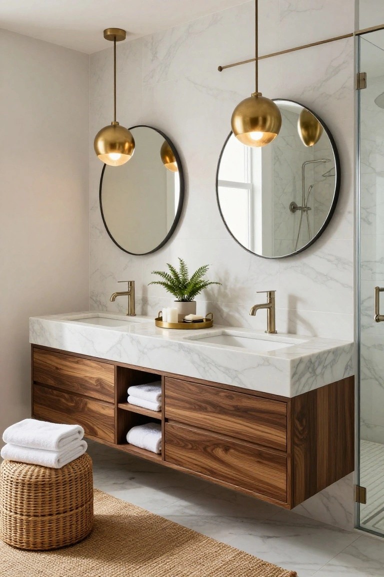 Bathroom featuring a floating walnut double vanity with white marble top and integrated sinks, flanked by two round black-framed mirrors, two gold globe pendant lights hanging above, ferns and candles on the vanity, a woven stool, and a glass shower enclosure with marble tile walls.
