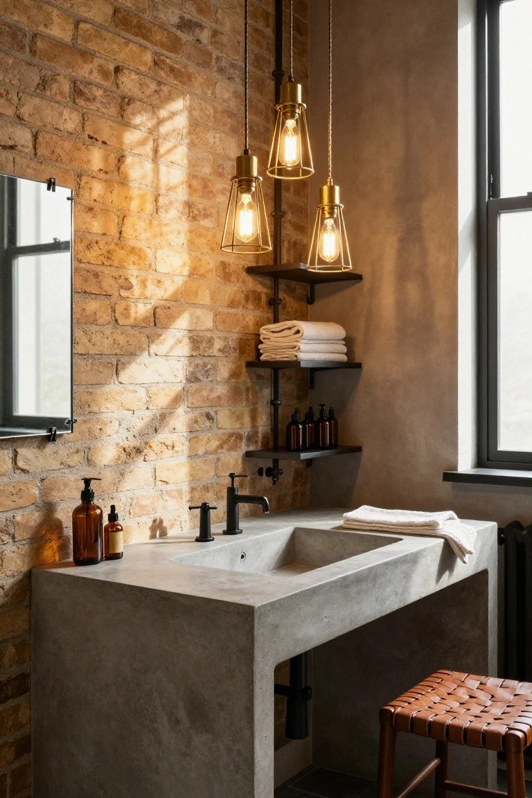 Bathroom with concrete sink vanity, three hanging gold wireframe pendant lights above, exposed brick wall, black metal shelves holding folded towels and amber bottles, leather stool nearby, and a window.