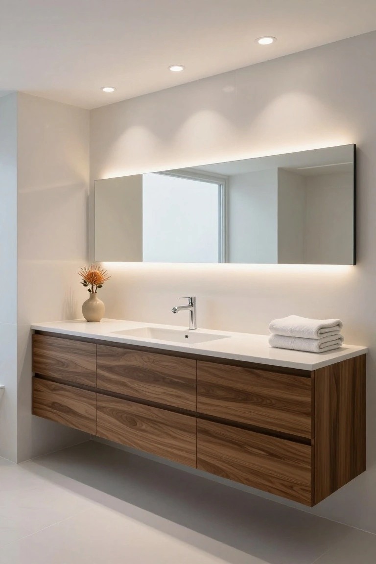 Bathroom vanity with floating six-drawer walnut cabinet, white quartz countertop and single undermount sink, large rectangular mirror with LED backlighting along top and sides, folded white towels, beige vase with orange flower stems, and recessed ceiling lights.