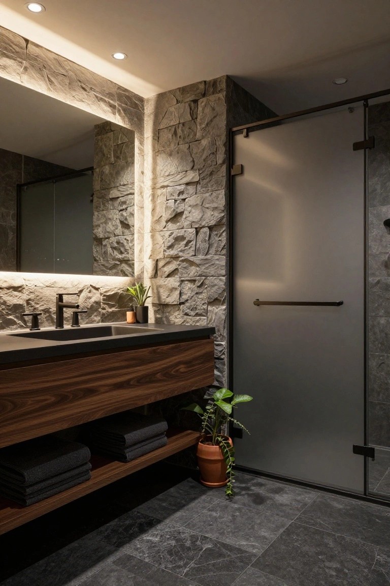 Bathroom vanity with dark wood cabinetry, black undermount sink, matte black faucet, backlit rectangular mirror on stone wall, frosted glass shower enclosure, potted plants, and dark tile floor.