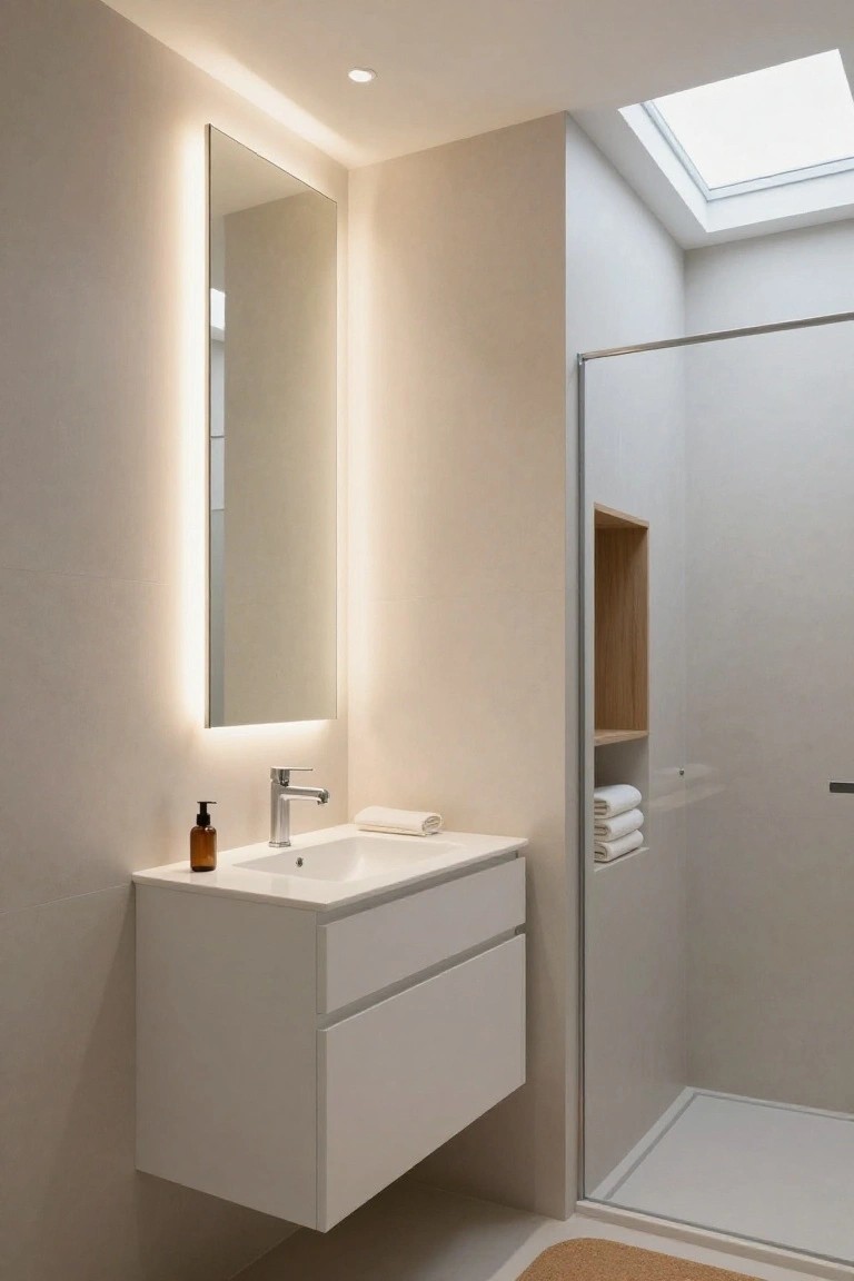 Modern bathroom with tall backlit mirror above white floating vanity, glass shower enclosure, wood shelf with towels, and neutral walls under skylight.