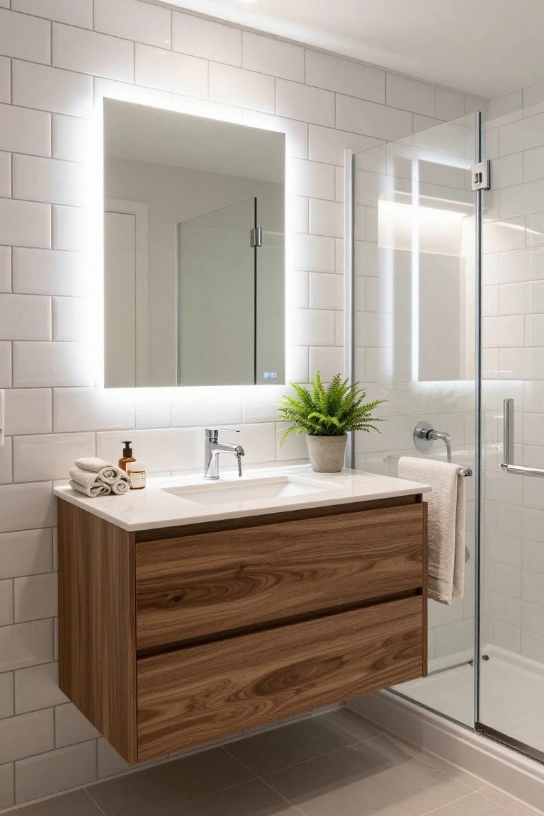 Modern bathroom with floating wood drawer vanity under backlit rectangular mirror, white subway tile walls, glass shower door, chrome faucet, folded towels, lotion bottles, and potted fern on white quartz countertop.