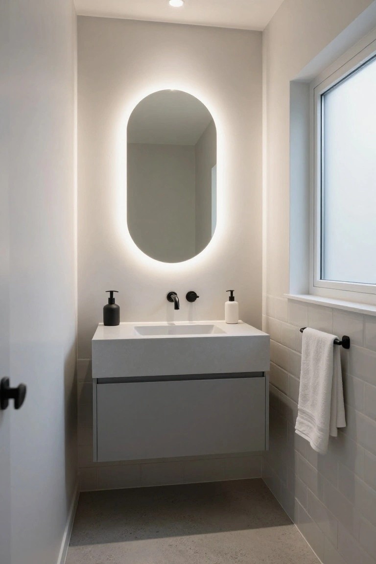 Narrow modern bathroom with floating white vanity, matte black faucet and soap dispenser, large oval mirror with white LED edge lighting, white towel on black rail, and frosted window.