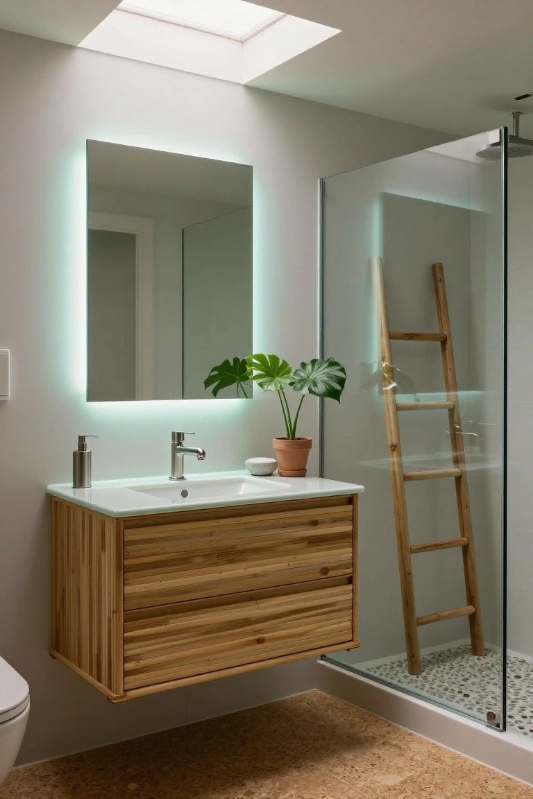 Modern bathroom interior with floating wooden vanity, rectangular backlit mirror with green LED glow, potted monstera plant, bamboo ladder towel rack beside glass shower enclosure, white toilet, and cork flooring under skylight.
