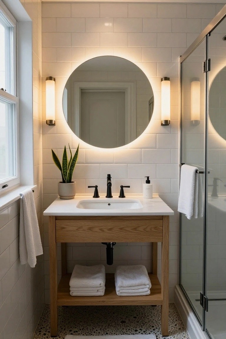 Compact bathroom with white subway tile walls, oak vanity under round backlit mirror flanked by two cylindrical wall sconces, black faucet, glass shower enclosure, towels, snake plant, and pebble floor mat.