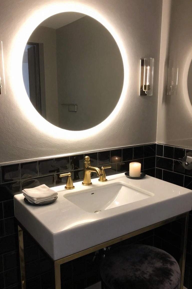 Bathroom vanity with large round backlit mirror, gold faucet on white sink with black tile backsplash, wall sconce, candle, towels, and purple stool.