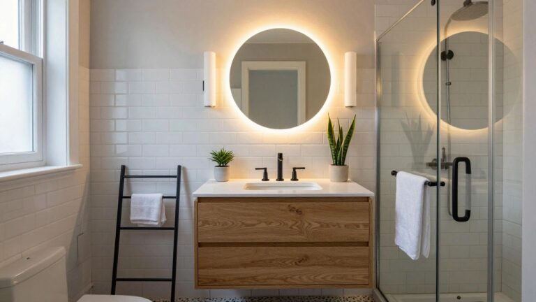 22 Practical Bathroom Vanity Lighting Tips For Better Results Compact bathroom with white subway tile walls, oak vanity under round backlit mirror flanked by two cylindrical wall sconces, black faucet, glass shower enclosure, towels, snake plant, and pebble floor mat.