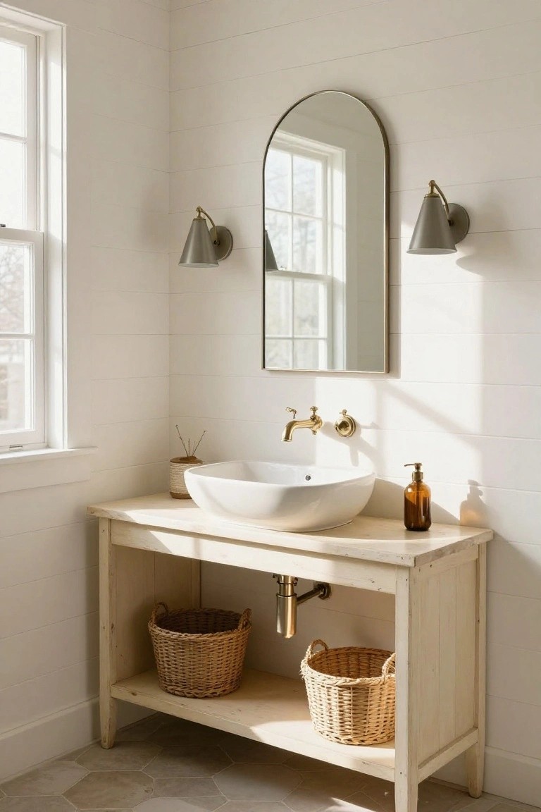 Bathroom vanity area featuring a wood console table with white vessel sink, gold faucet, arched metal mirror flanked by two gray cone sconces with brass arms, white shiplap walls, seagrass baskets below, and hexagonal tile floor.