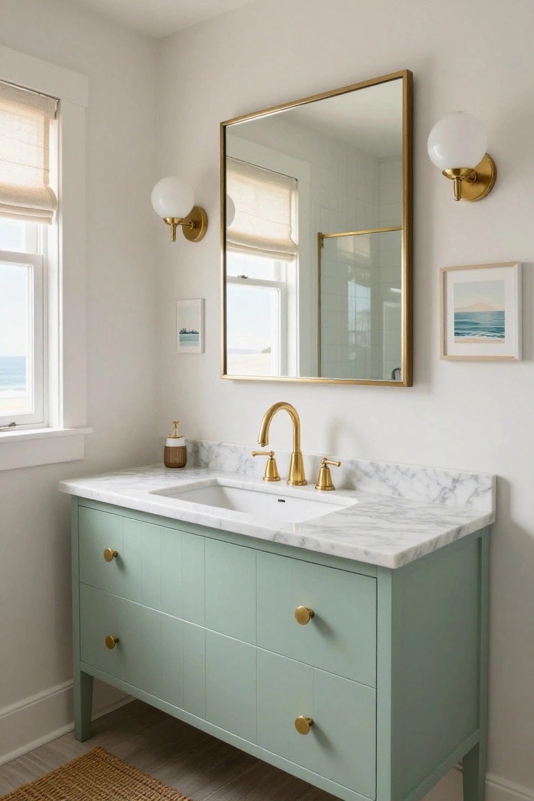 Bathroom vanity in pale green with white marble countertop and gold gooseneck faucet, flanked by large gold-framed mirror and two gold wall sconces with white globe shades, white walls with ocean artwork and windows overlooking the sea.