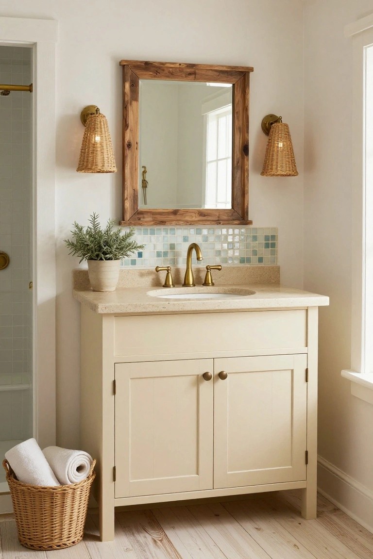 Bathroom vanity setup featuring a rectangular wooden-framed mirror flanked by two rattan-shaded sconces on brass mounts, turquoise glass tile backsplash, beige undermount sink with gold faucet, matching cabinet, potted plant, towel basket, and white shiplap walls on light wood floors.