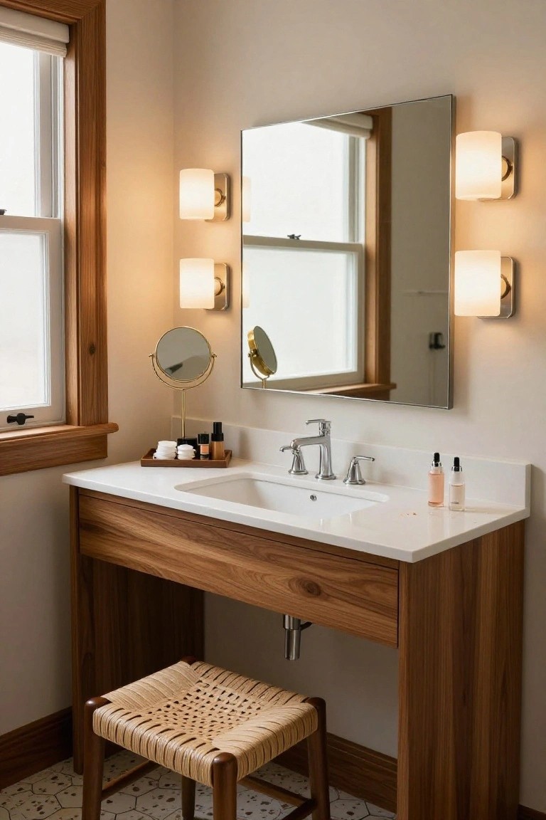Bathroom vanity with wooden cabinet base, white porcelain sink, large rectangular wall mirror flanked by four white glass wall sconces, freestanding gold makeup mirror, and skincare products on the counter.