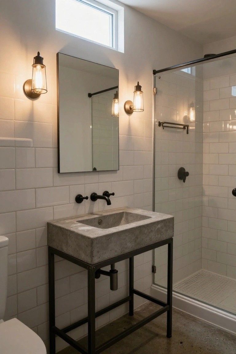Bathroom interior featuring a concrete trough sink on black metal stand under a large rectangular mirror flanked by two black wall sconces with exposed filament bulbs, glass shower enclosure with black fixtures, white subway tile walls, and white toilet on concrete floor.