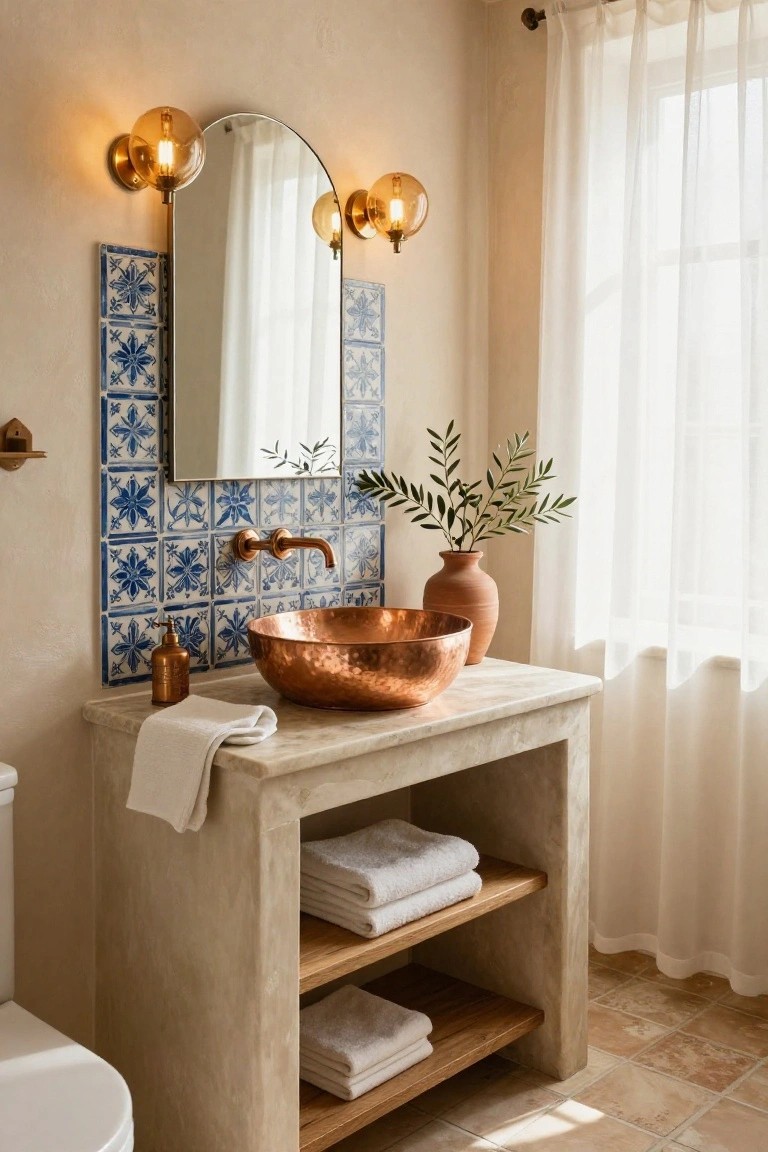 Bathroom with beige stone vanity holding a hammered copper vessel sink, round mirror flanked by two amber globe wall sconces, blue patterned tile backsplash, folded towels on open shelves, and a toilet nearby.