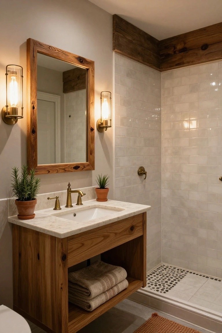 Bathroom vanity with white marble sink top on wooden cabinet, large rustic wood-framed mirror flanked by two brass wall sconces with glass shades and exposed bulbs, white subway tile shower nearby, potted plants, folded towels, and toilet.