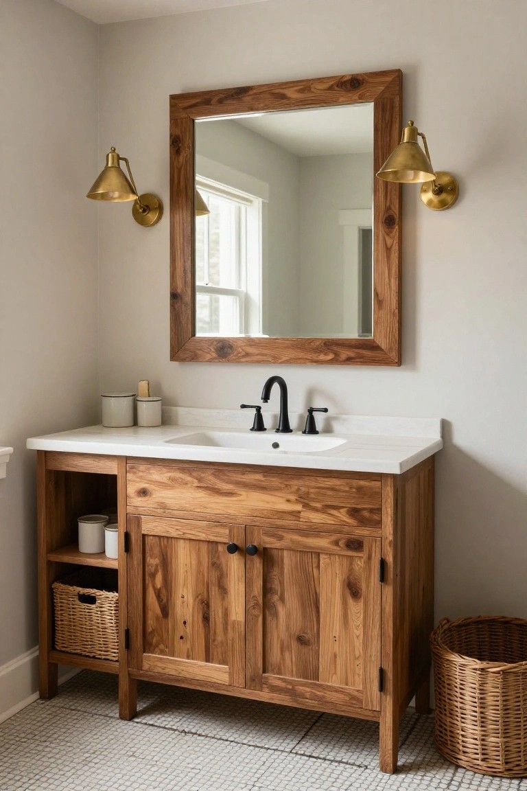 Bathroom vanity setup with wooden cabinet base, white sink and countertop, black gooseneck faucet, large wood-framed mirror flanked by two brass wall sconces, light gray walls, and wicker baskets for storage.