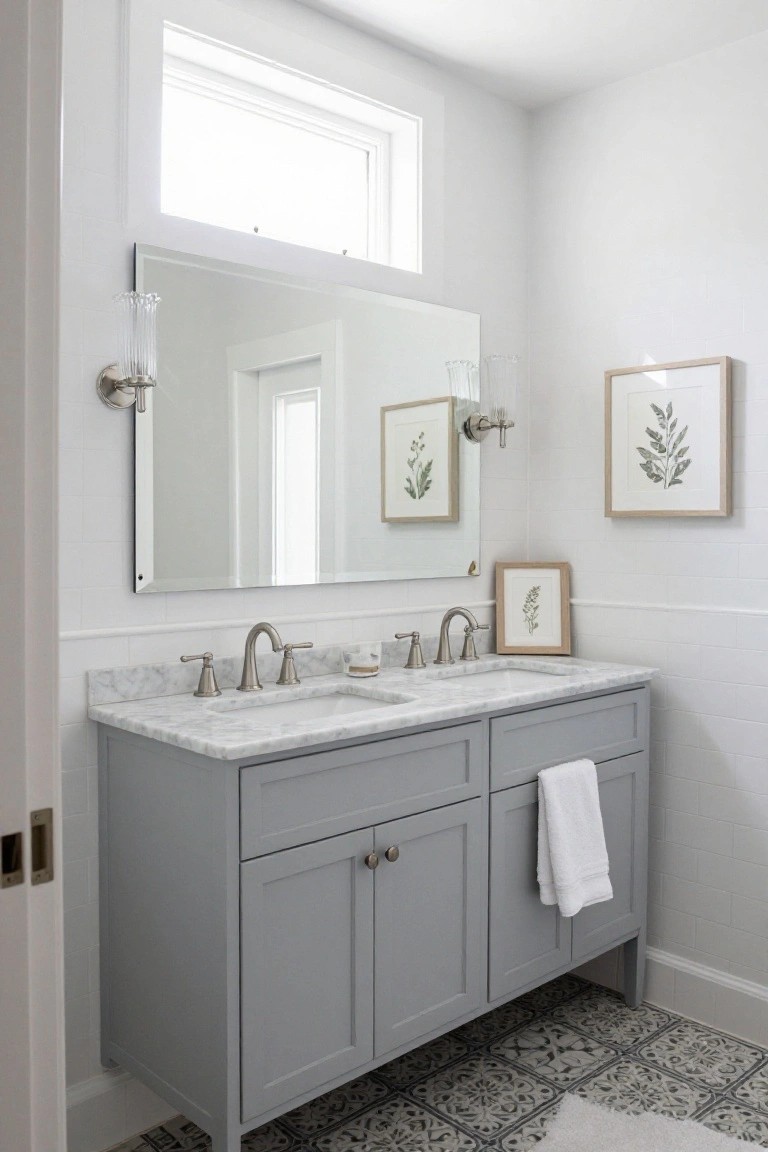 A bathroom vanity with gray cabinets, white marble countertop, double sinks, large rectangular mirror flanked by two glass sconces, white subway tile walls, botanical prints, and patterned floor tiles.