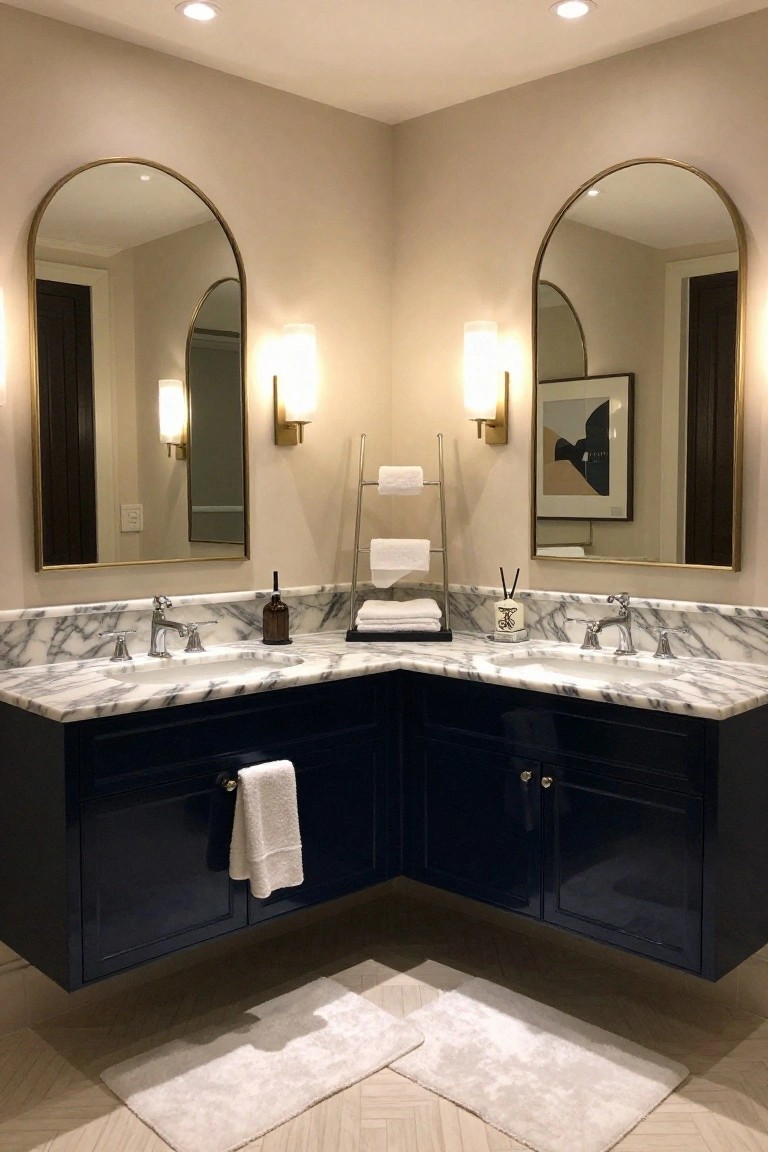 Corner bathroom vanity featuring navy blue cabinets, white marble countertop with two sinks, two tall arched gold-framed mirrors flanked by white-shaded wall sconces, towel racks, and a light-colored rug on a herringbone wood floor.