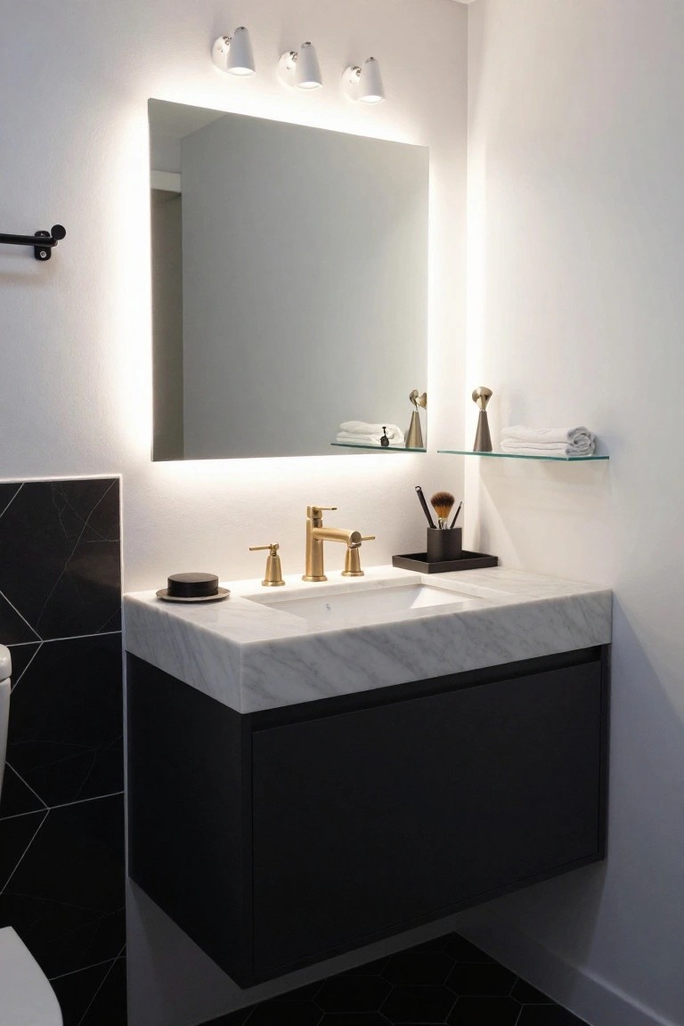 Modern bathroom with rectangular backlit mirror over white marble vanity, gold faucet and sink, three white wall sconces above mirror, glass shelves with towels and brushes, black geometric tile walls and floor, white toilet in corner.