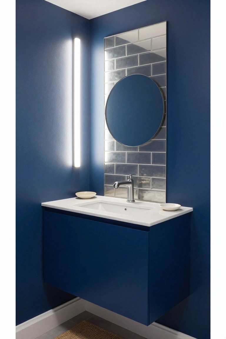 Modern blue bathroom with floating vanity, round mirror, and vertical light.