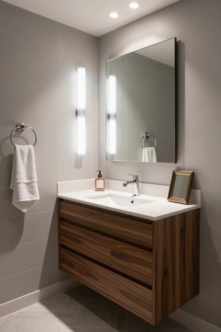 Modern bathroom corner with floating walnut vanity, white sink, chrome faucet and lever handles, large frameless wall mirror flanked by two vertical white sconces, chrome towel ring with white towel, small amber lotion bottle, gold-framed mirror on countertop, gray walls, white herringbone tile floor.