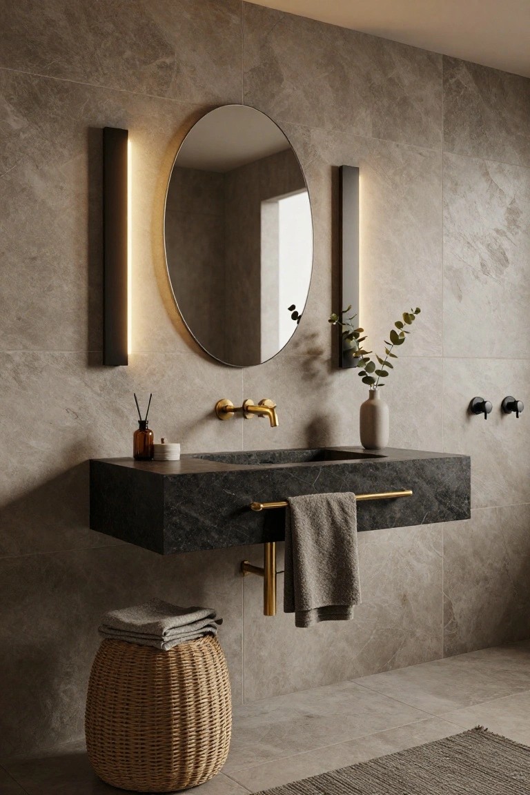 Contemporary bathroom with floating black stone vanity, oval mirror flanked by two vertical black LED sconces, gold wall-mounted faucet and towel bar, beige marble-look tile walls, eucalyptus vase, reed diffuser, and woven stool with folded towels.