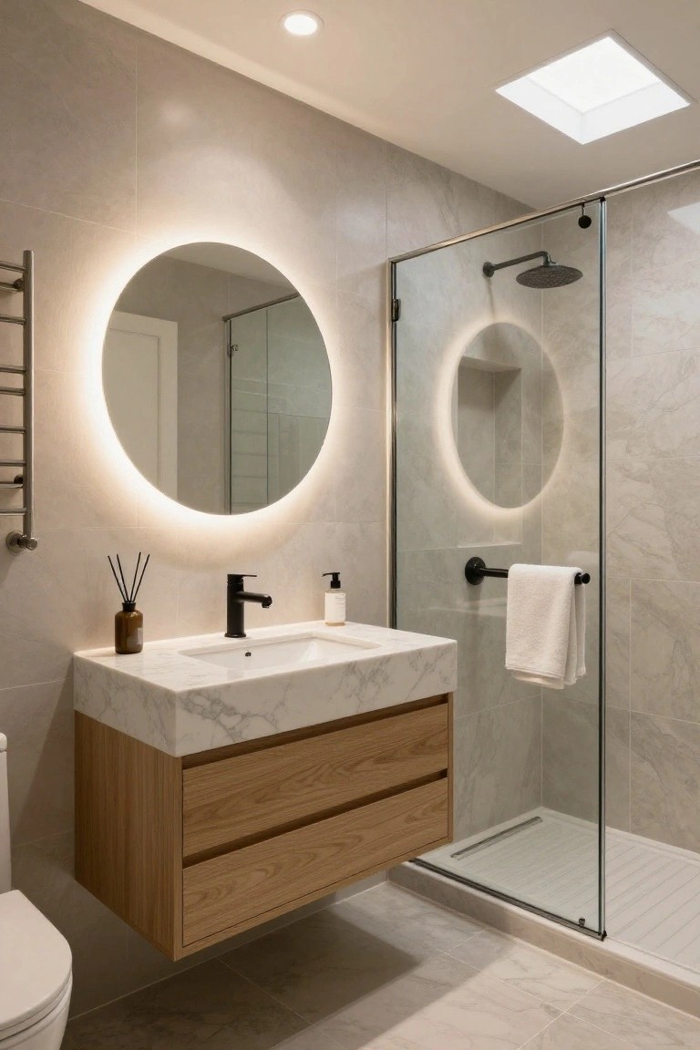 Modern bathroom with round backlit mirror above floating oak vanity and white marble sink, glass shower enclosure, wall towel rail, and toilet on gray tiled walls.