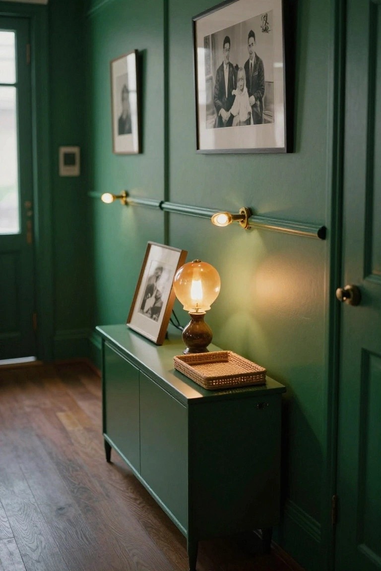 Green console table in a dark green paneled hallway with an amber glass lamp, woven tray, framed black-and-white photos on the walls, brass wall sconces, and wooden flooring.