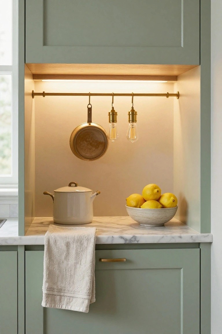 Sage green kitchen cabinet with open wood-trimmed niche containing hanging brass cookware on gold hooks under LED strip lighting and two Edison bulb pendants, white pot and bowl of lemons on marble countertop below, linen towel draped nearby.