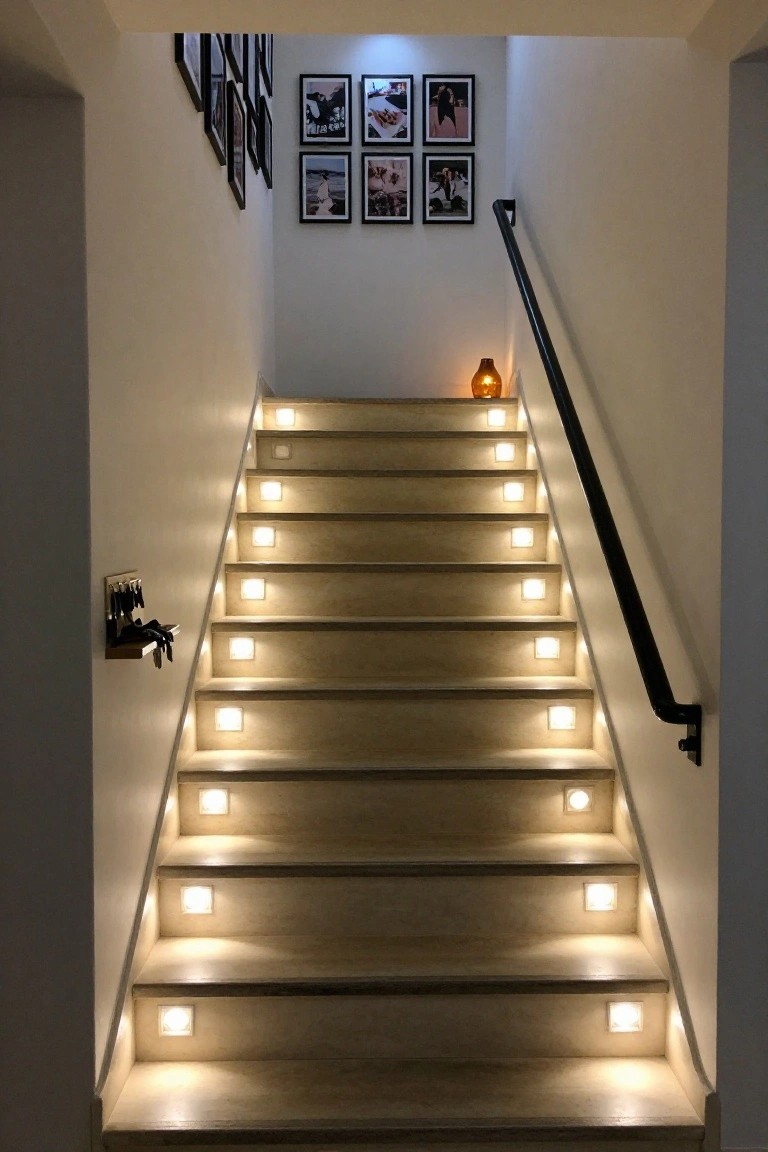 Indoor staircase with recessed square lights in each riser emitting warm glow, beige stone treads, black metal handrail, framed black-and-white photos on white wall, small orange glass lantern on one step, and wooden key holder on wall.