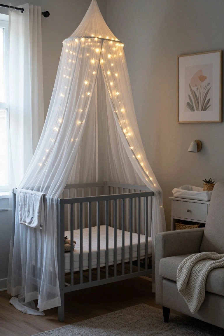 A gray crib under a white sheer canopy strung with fairy lights in a nursery room with a changing table, armchair, and wall art.