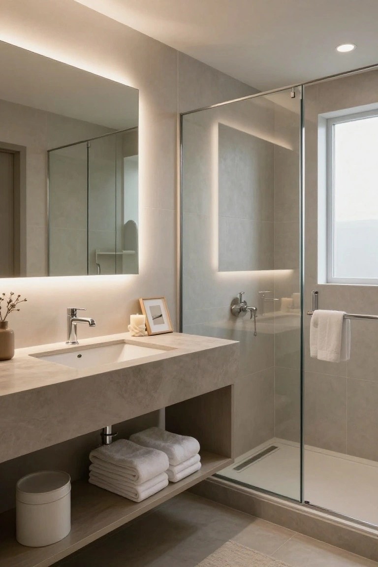 Modern bathroom with beige-gray walls and tiles, backlit rectangular mirror above a floating stone vanity, glass shower enclosure, folded towels under the sink, and soft LED ambient lighting.