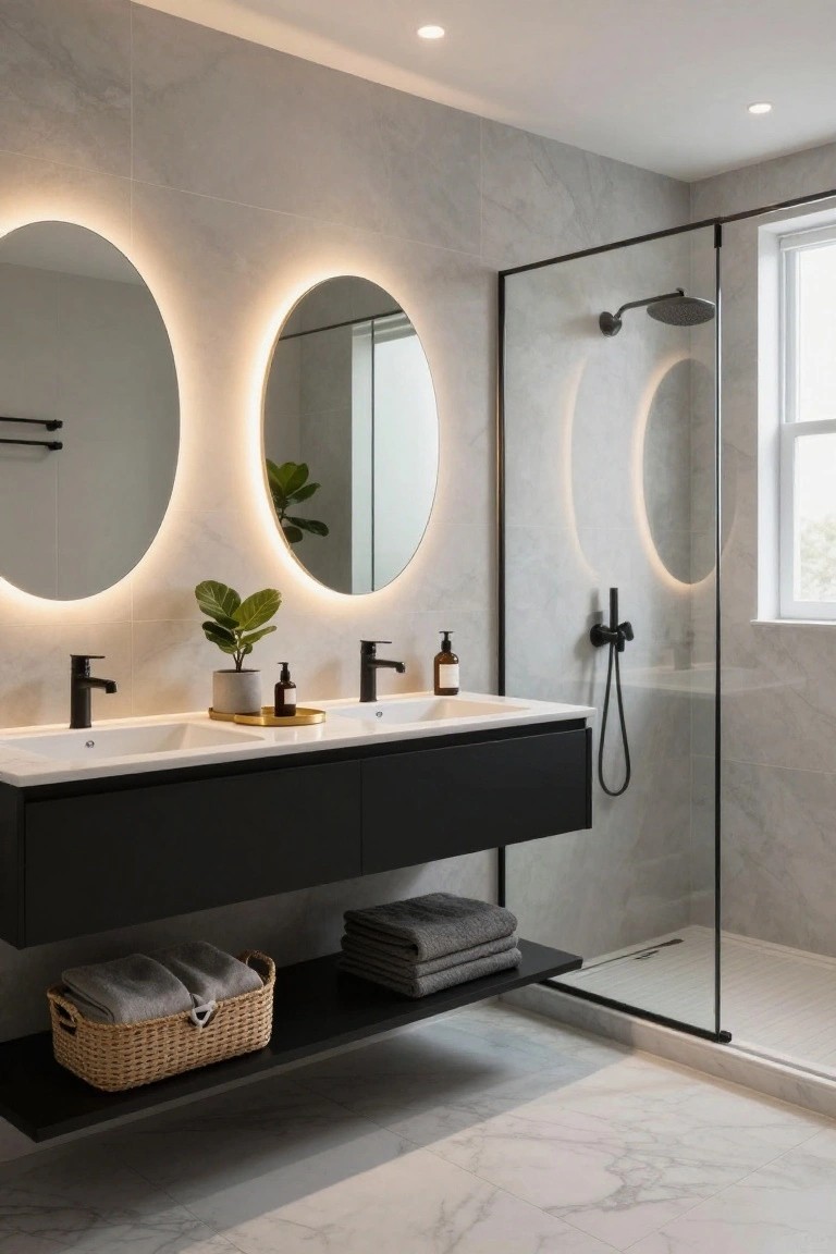 Modern bathroom with two large oval mirrors featuring soft edge LED backlighting above a black double vanity with white sinks, black faucets, gray marble-look tiles, glass shower enclosure, and potted plants on shelves.