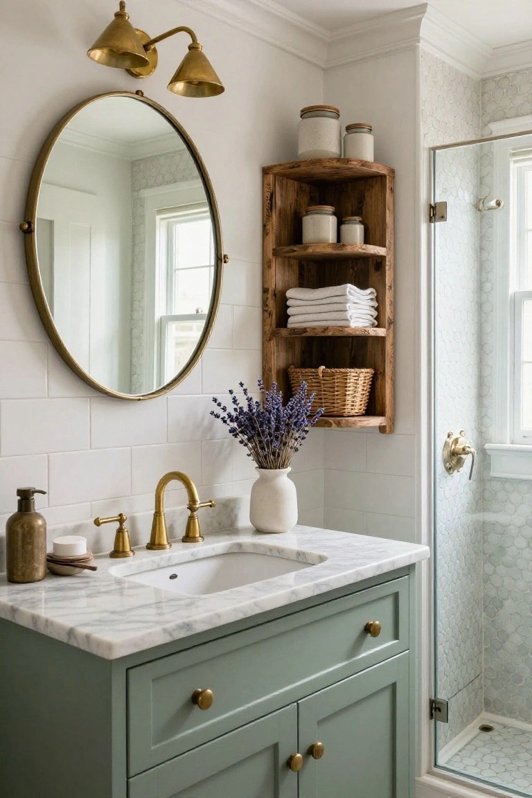 Bathroom with sage green shaker-style vanity, white marble undermount sink, gold faucet and handles, large round brass mirror, paired brass cone sconces above, corner wooden shelf holding jars towels and lavender in basket, white subway tile walls, and glass shower with pale blue honeycomb tile floor.