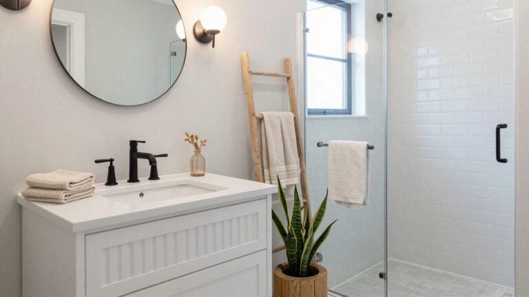 Modern bathroom with white floating vanity, black matte faucet, round black mirror, potted snake plant, stacked towels on wooden stool, glass shower enclosure, and three white globe wall sconces above the mirror.
