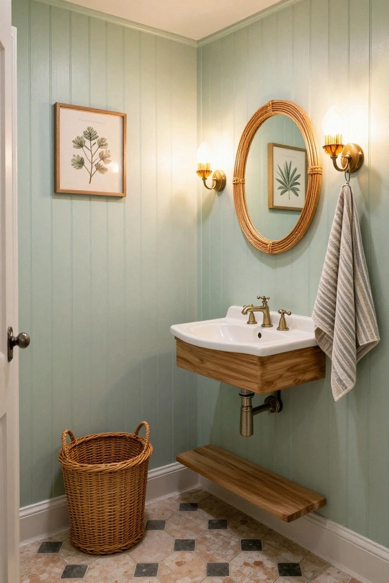 Small bathroom corner with light sage green vertical plank walls, white wall-mounted sink on wooden console with brass faucet, oval rattan mirror flanked by brass sconces with warm flame-shaped bulbs, striped towel draped over mirror, wooden shelf below sink, wicker wastebasket, and diamond-patterned tile floor.