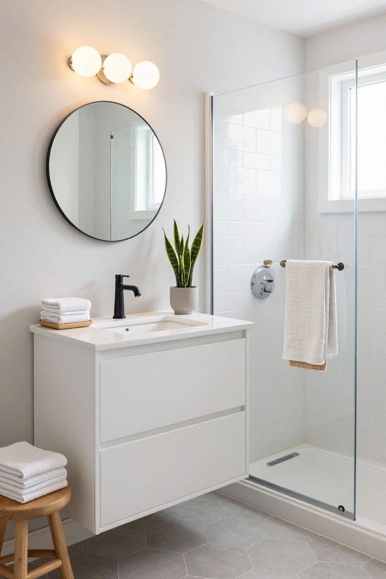 Modern bathroom with white floating vanity, black matte faucet, round black mirror, potted snake plant, stacked towels on wooden stool, glass shower enclosure, and three white globe wall sconces above the mirror.