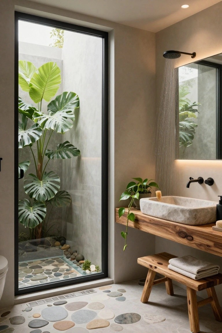 Modern bathroom with large black-framed window to indoor planted atrium with monstera plants and pebbles, backlit rectangular mirror above wooden vanity with white stone sink, running overhead shower, pebble tile floor, wooden stool with towels, white toilet.