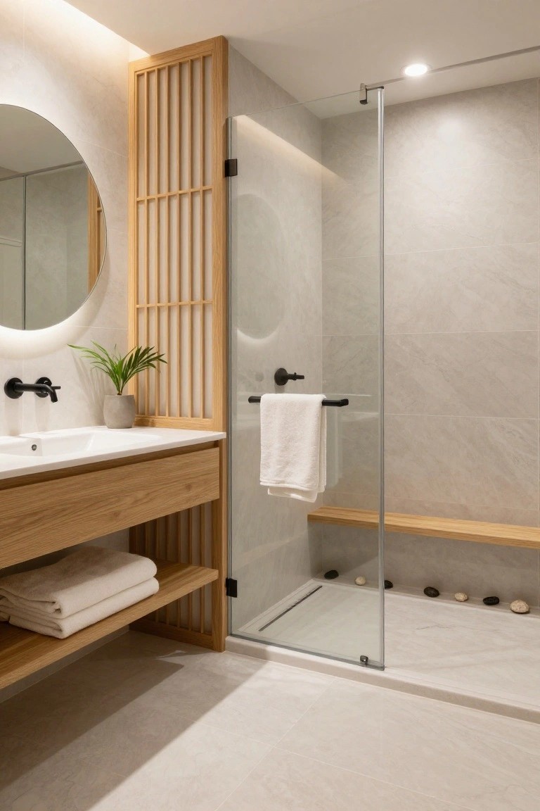 Modern minimalist bathroom with light oak wood vanity and screens, round backlit mirror, glass shower enclosure with bench and river rocks, matte gray tile walls and floor, and soft linear ceiling perimeter lighting.