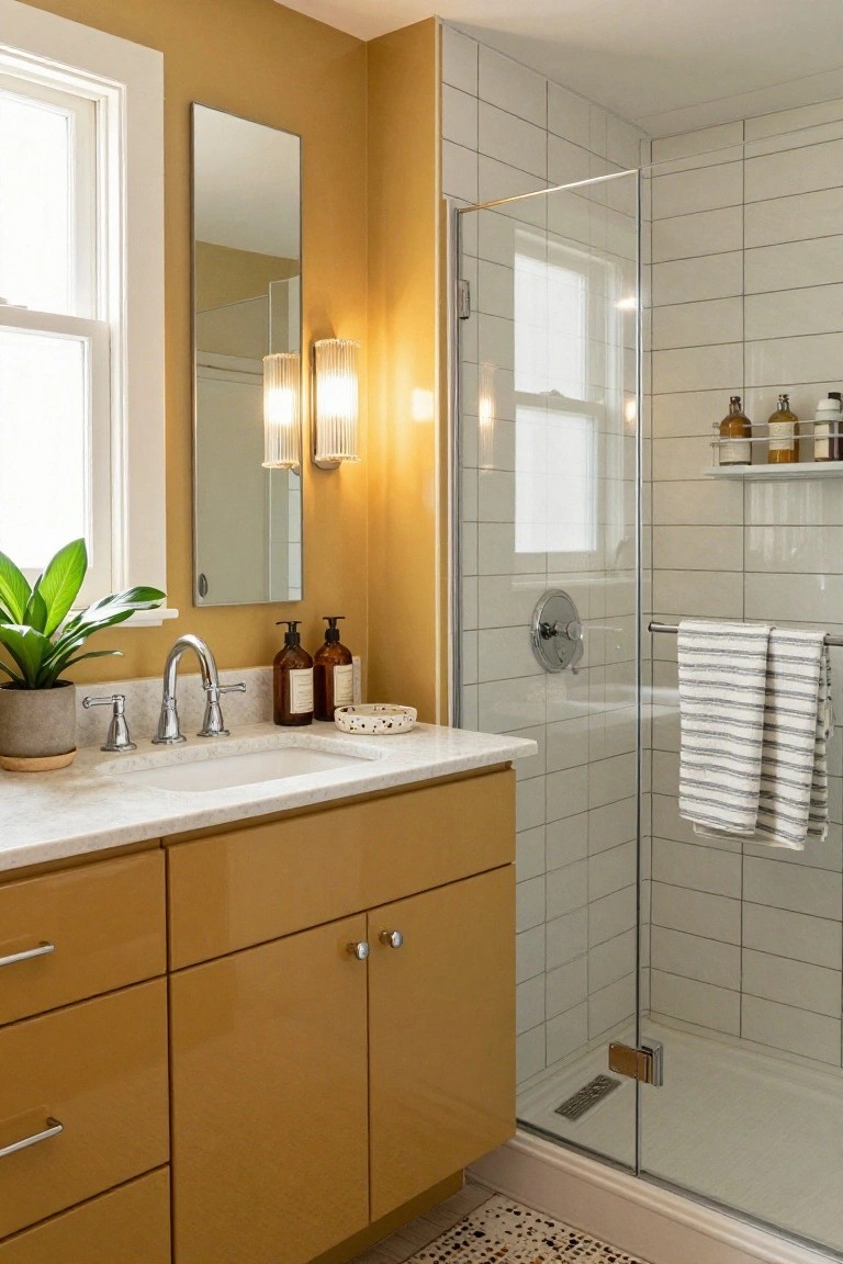 Bathroom corner with mustard yellow wall, white subway tile shower enclosure, white marble vanity topped with sink and orange cabinets below, large rectangular mirror, potted green plant, and two lit fluted glass wall sconces flanking the mirror.