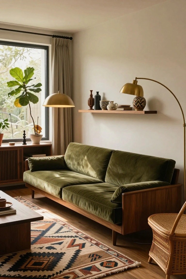 A living room with green velvet sofa on patterned rug, wooden credenza and coffee table, shelves holding pottery and books, potted plants, large window with outdoor greenery, and two gold arched floor lamps.