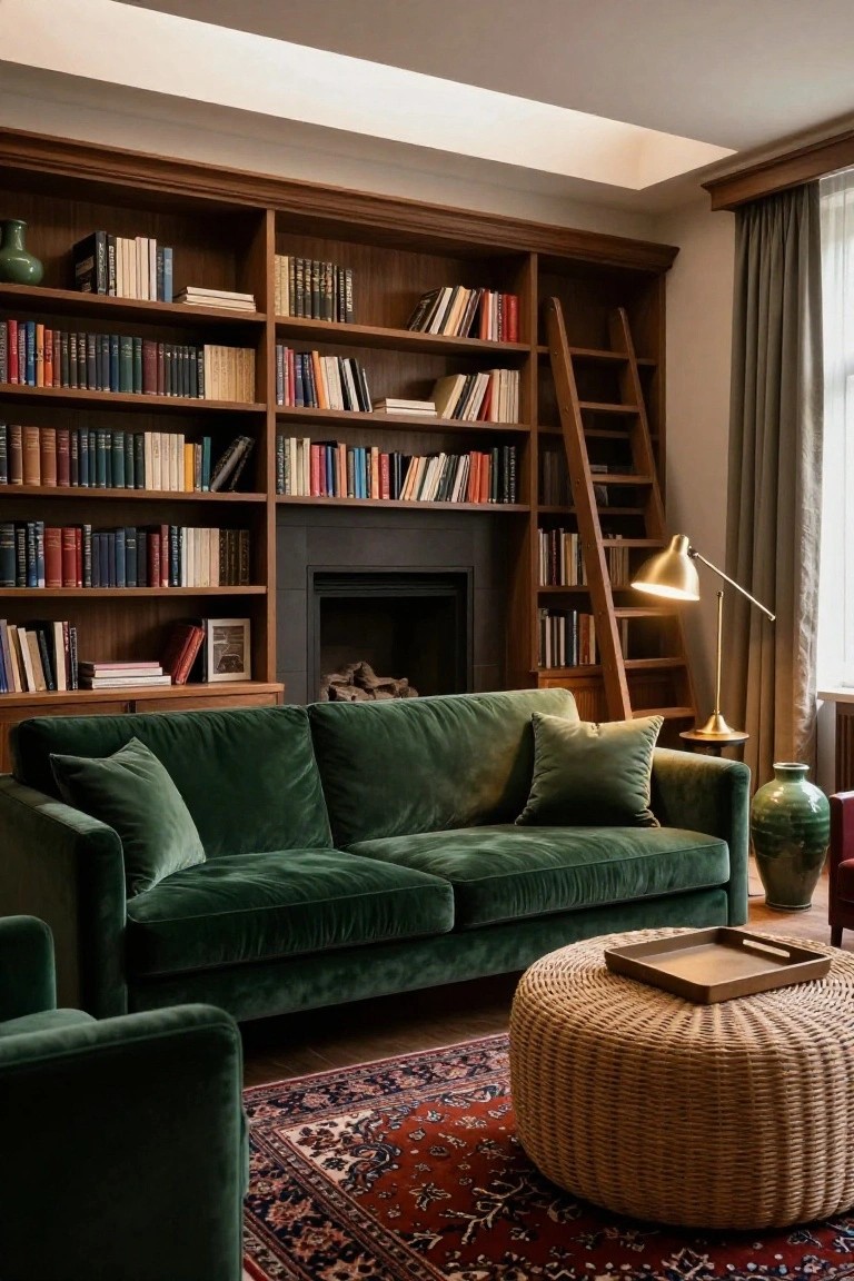 A library-style living room with tall wooden bookshelves and sliding ladder, green velvet sofa and armchair, lit brass adjustable desk lamp, black fireplace with logs, woven ottoman on red and blue patterned rug.