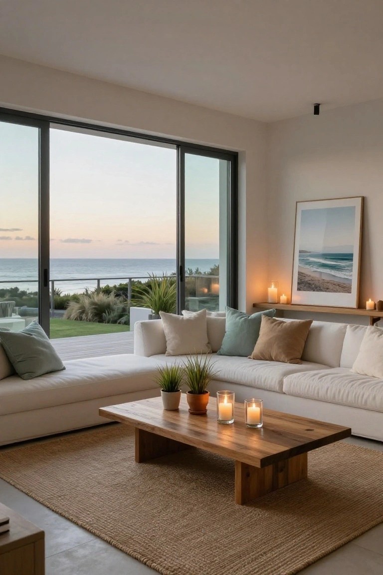 Modern white L-shaped sofa in a living room with large sliding glass doors open to an ocean view at dusk, wooden coffee table holding potted plants and lit candles, beige rug on the floor, and framed beach photo on a wall shelf with additional candles.