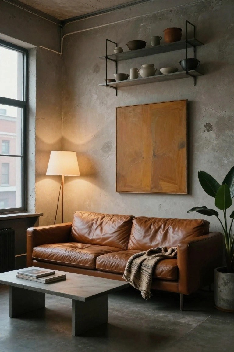 Living room with tan leather sofa, gray concrete coffee table holding stacked books, black metal shelves displaying pottery, large wooden abstract artwork on wall, potted banana plant, tripod floor lamp with white shade, and window overlooking buildings in industrial concrete interior.