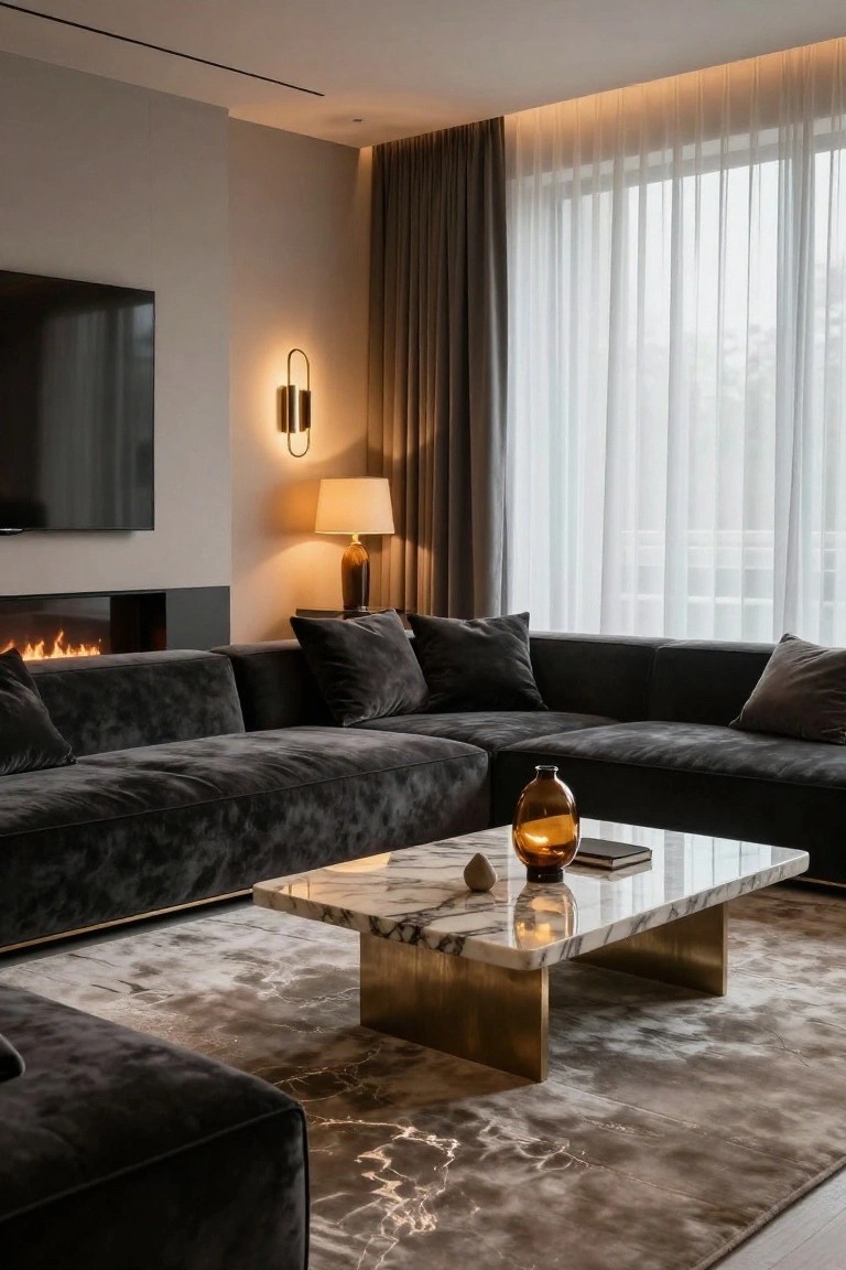 Modern living room with gray velvet L-shaped sectional sofa facing a marble and brass coffee table, wall-mounted TV above a linear gas fireplace, wall sconce and table lamp providing soft illumination, sheer curtains on large windows, and neutral toned rug.
