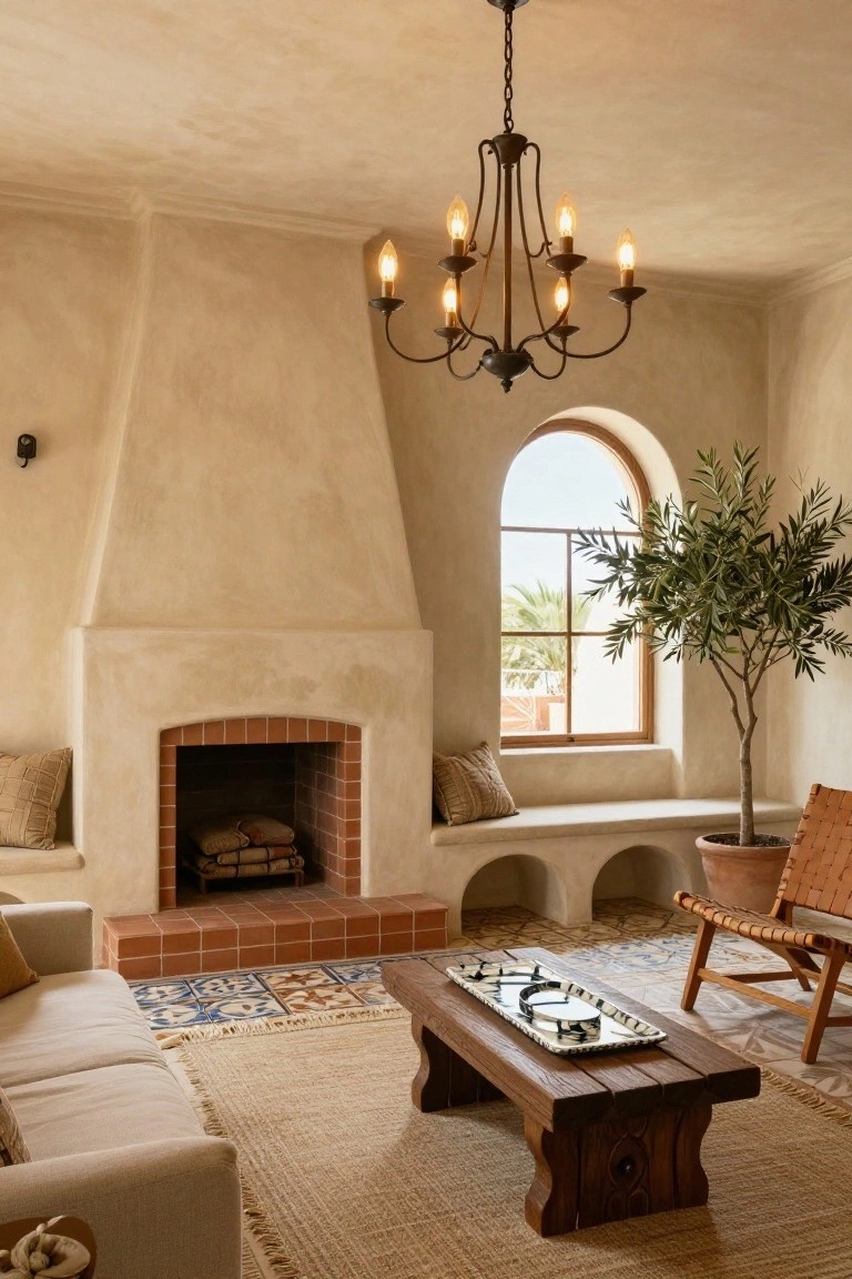 Living room featuring beige stucco walls, brick fireplace with firewood, wooden coffee table, beige sofa with pillows, rattan chair, olive tree by arched window, and black wrought iron chandelier with lit flame-shaped bulbs.