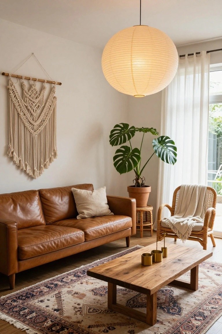 A cozy living room featuring a large white paper lantern hanging from the ceiling above a brown leather sofa, wooden coffee table, monstera plant in a terracotta pot, macrame wall hanging, rattan chair with throw, sheer curtains, and Persian rug on wood floors.