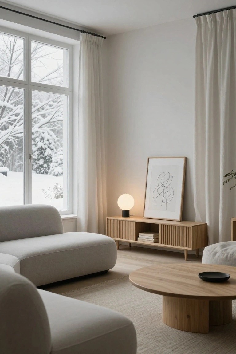 Modern living room with light gray curved sofa, round oak coffee table, slatted oak console holding white globe lamp and framed abstract line drawing, large window with sheer white curtains showing snowy trees outside.