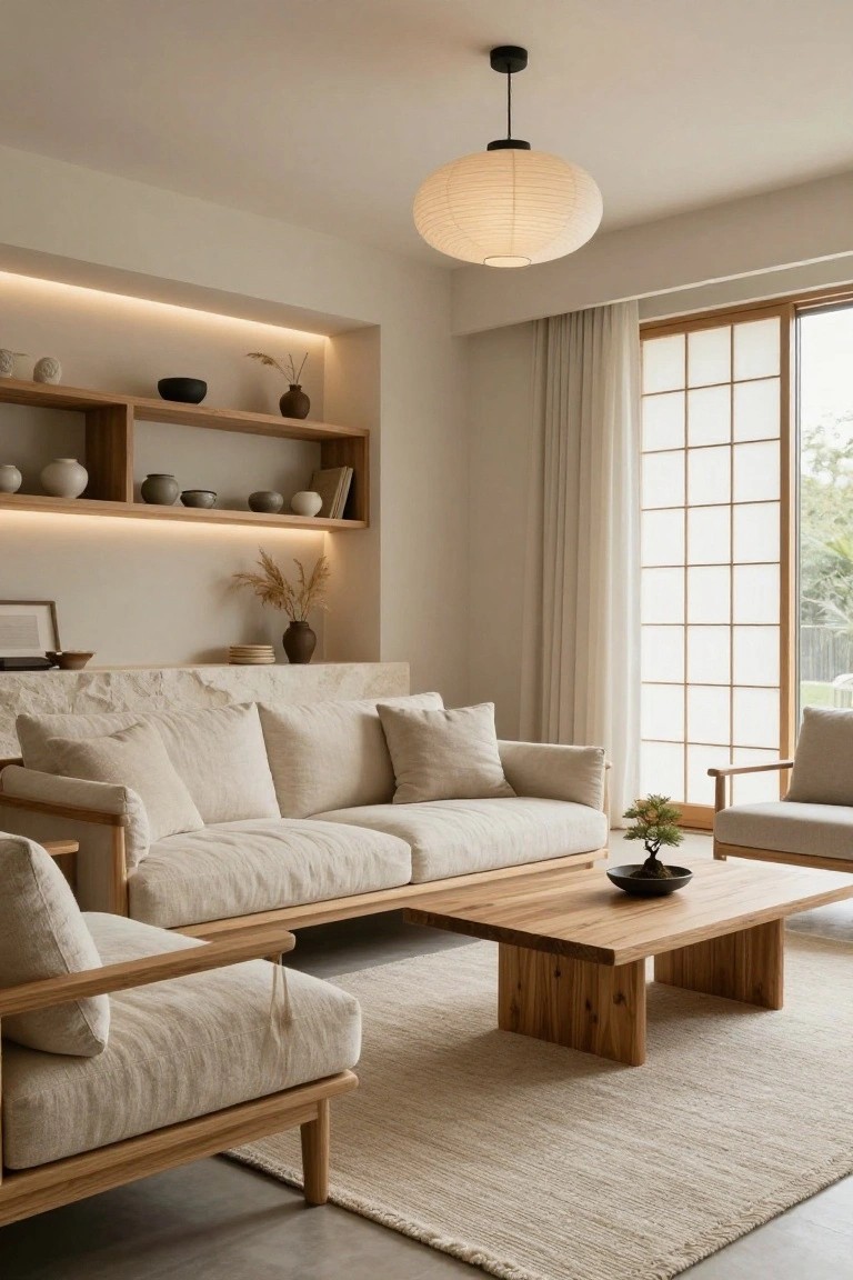 Beige living room with cream linen sofas and chairs, wooden coffee table, built-in wooden shelves lit by LED strips, paper lantern pendant light, bonsai plant, and shoji sliding doors to outdoors.