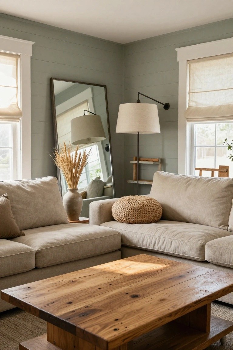 Living room corner with light beige L-shaped sofa, wooden coffee table, tall floor lamp with cream shade, large leaning mirror, potted wheat grass, woven pouf, and sage green shiplap walls with linen shades on large windows.
